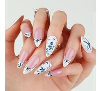 24pcs Medium Almond Press on Nails French Tip False Nails Pink White Fake Nails Blue Flower Bow Stick on Nails Removable Glue-on Acrylic Nail Tips Spring Summer Accessories for Women