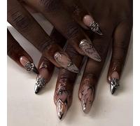 24pcs Medium Almond Press on Nails, French Tip False Nails, Silver Fireflame Fake Nails 3D Metallic Stick on Nails Removable Glue-on Acrylic Nail Tips Gothic Accessories for Women