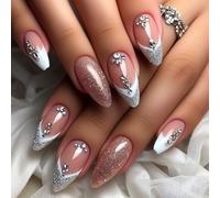 24pcs Medium Almond Press on Nails French Tip False Nails White Edge Fake Nails Glitter Silver Pink Rhinestone Stick on Nails Removable Glue-on Acrylic Nail Tips Spring Accessories for Women