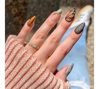 24pcs Medium Almond Press on Nails Lake Blue False Nails Butterfly Fake Nails Glitter Gold Stick on Nails Removable Glue-on Acrylic Nail Tips Spring Summer Accessories for Women