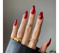 24Pcs Medium Almond Press On Nails - Thick Short False Nails for Women, Handmade Glue-On Acrylics, Solid Color Mid-Length Fake Nails (red)