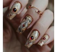 24pcs Medium Coffin False Nails Vintage Press on Nails Royal Court Style Stick on Nail Tips with Luxury Gold Filigree Flower Red Gem Accent Removable Glue-on Fake Nail Art Accessories for Women