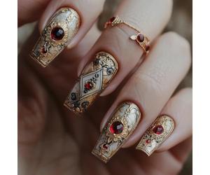 24pcs Medium Coffin False Nails Vintage Press on Nails Royal Court Style Stick on Nail Tips with Luxury Gold Filigree Flower Red Gem Accent Removable Glue-on Fake Nail Art Accessories for Women