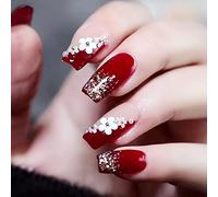 24pcs Medium Coffin Press on Nails Burgundy Red False Nails Glitter Sequin Fake Nails White Flower Stick on Nails Removable Glue-on Acrylic Nail Tips Spring Summer Accessories for Women