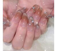 24pcs Medium Coffin Press on Nails French Tip False Nails Beige Red Ombre Fake Nails Glitter Silver Edge Stick on Nails Removable Glue-on Acrylic Nail Tips Wedding Bridal Accessories for Women