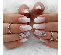 24Pcs Medium False Nails, French Tip Pink Glitter, Nude Fake Nails Set with Rhinestones Designs, Acrylic Full Cover Glue-on Nails for Women Girls Pink Shiny Fake Nails