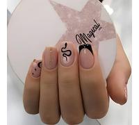 24Pcs Medium False Nails, French Tip Pink Glitter, Nude Fake Nails Set with Rhinestones Designs, Acrylic Full Cover Glue-on Nails for Women Girls Black Snake Fake Nails