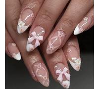 24pcs Medium False Nails - French White Tip Pink Stick on Nails Flower - Press on Nails with Pink Bow Removable Glue-on Nail - Acrylic Full Cover Fake Nail Women Girls Nail Art Accessories