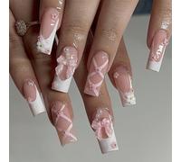 24PCS Medium False Nails with Glue Stickers,Coffin Full Cover Acrylic and Press on Nails no Glue, Pink Bowknot Flowers Fake Nails Stick for Women and Girls Nail Art