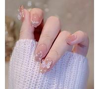 24PCS Medium False Nails with Glue Stickers,Coffin Full Cover Acrylic Press on Nails no Glue, Pearl Butterfly French Fake Nails for Women and Girls Nail Art