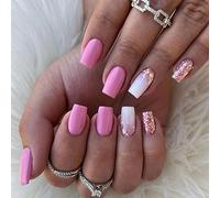 24PCS Medium False Nails with Glue Stickers,Coffin Full Cover Acrylic Press on Nails no Glue,Pink Glitter French Fake Nails for Women and Girls Nail Art