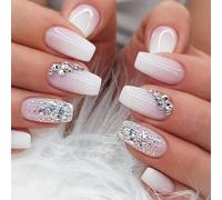 24PCS Medium False Nails with Glue Stickers, Coffin Full Cover Acrylic Press on Nails no Glue, Pink Shining Diamonds Gradient French Fake Nails for Women and Girls Nail Art