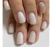 24PCS Medium False Nails with Glue Stickers, Coffin Full Cover Acrylic Press on Nails no Glue, White Jade French Fake Nails for Women and Girls Nail Art