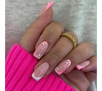24PCS Medium False Nails with Glue Stickers,Coffin Full Cover Acrylic Press on Nails no Glue,White Pink Flower French Fake Nails for Women and Girls Nail Art.