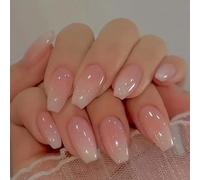 24Pcs Medium Length Coffin Press on Nails - French Tip Pink Gradient With Elegant Design, Glossy Removable Glue Set for Ballerina Acrylic Style - Women and Girls