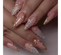 24pcs Medium Length False Nails Almond Press on Nails Gold Gilding Silver Glitter Stick on Nail with 3D Waterdrop Design Removable Glue on Acrylic Fake Nail Tips Accessories for Women Girls