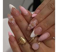 24PCS Medium Length False Nails with Glue Stickers,Almond Full Cover Acrylic Nails Press on Nails no Glue, Pearl Flower Fake Nails Stick on Nails for Women and Girls Nail Art