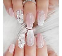 24Pcs Medium Long Press on Nails Gradient Pink Fake Nails White Flower with Rhinestones Nail Sequins Glitter Full Cover Glue on Nails Coffin False Nails for Women Girls Acrylic Nail Decorations