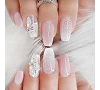 24Pcs Medium Long Press on Nails Gradient Pink Fake Nails White Flower with Rhinestones Nail Sequins Glitter Full Cover Glue on Nails Coffin False Nails for Women Girls Acrylic Nail Decorations