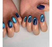 24PCS Medium Oval Cat Eye Press on Nails - Dark Blue Full Cover Gel Nails with Glossy Top Coat, Includes Accessory Tools, Reusable DIY Application for Women & Girls, Stunning Design