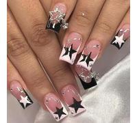 24PCS Medium Press on Nails - Square False Nails French Tip - Star Pattern Stick on nails - Strong Fake Nails with Glue - Broken Drill nail Tips Elegant for Women Long Lasting