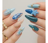 24PCS Medium Press On Nails Stick On Kit with Elegant Touch 3D Ocean Design Starfish Seashell Accents - False Fake Toe Nails Acrylic Set Artistic Eco-Friendly ABS for Women