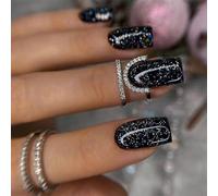 24pcs Medium Square Black Press on Nails with Glitter Silver Gothic Design - Removable Glue-on Nail Art Accessories for Halloween Christmas - Women and Girls