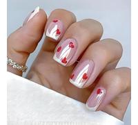 24Pcs Medium Square Press on Nails, Sheer Nude Pink with Red Heart & White French Tip False Nails, Romantic Love Themed Full Cover Artificial Fake Nails Reusable for Women Valentine's Day