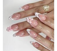 24pcs Mediums False Nails Tulips Flower Bows Design Breathable Artificial Nails Easy Application ABS Materials Office Friendly False Nail