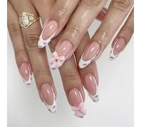 24pcs Mediums False Nails Tulips Flower Bows Design Breathable Artificial Nails Easy Application ABS Materials Office Friendly False Nail