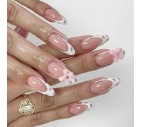 24pcs Mediums False Nails Tulips Flower Bows Design Breathable Artificial Nails Easy Application ABS Materials Reusable Press On Nail