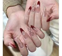 24PCS Merlot Gloss Finish Press on Nails - Red Glossy French Tips Diamond Mesh Glitter Art Chic Polka Dot Contrast - Festive Chic Nail Design Modern Glam Crimson Tips