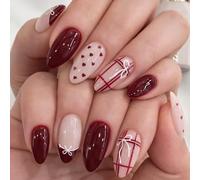 24PCS Merlot Red Press on Nails - Coquette Heart & Ribbon Bow Romantic Glam Nude Pink Base Designs - Valentine Elegant Almond Shape Plaid Pattern Tips for Women