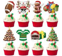 24pcs Merry Christmas Cupcake Toppers - Christmas Football Cupcake Toppers Football Cake Decorations for Xmas Party Winter Birthday Party Favors
