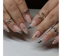 24PCS Metallic Star Press On Nails Almond Shape - Nude False Nails with Silver French Tips and Star Design, Trendy Stick On Tips for Women, Durable Fake Set