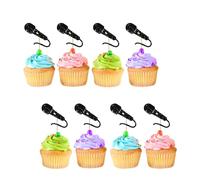 24pcs Microphone Cupcake Toppers, Singing Microphone Sign Cupcake Toppers, Black Glitter Cake Decorations for Rock & Roll/Pop Music Theme Birthday/Baby Shower Party Supplies