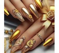 24pcs Mid Length Ballet Press-On Nails Set, Gold Embossed Rose Design, Removable