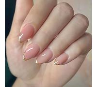 24PCS Middle Length False Nails with Art Gold Glitters French Tips Artificial for Daily Wear ABS Build Long Last Almond Glossy False ABS