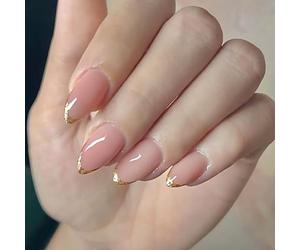 24PCS Middle Length False Nails with Art Gold Glitters French Tips Artificial for Daily Wear ABS Build Long Last Almond Glossy False ABS