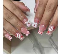 24Pcs Middle Square False Nails ress on Nails Full Covers False Nails with French Tips and Bows Charm Designs for Women