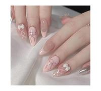24pcs Milk Blue French Style Press On Nails Almond Cat's Eye Fake Nail With Bowknots Diamond Decor For Girls(Y5)