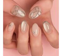 24PCS Milky Pearl Glow Press on Nails - Short Almond Crystal Shine Nude Mist Elegant Silver Bow Star - Frosted Metallic French Art Modern Chic Nude Design