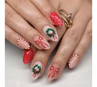 24PCS Milky Pink Press On Nails - Almond Shape Cute Floral & Bow Festive Holly Green Vanilla Nude - Playful Polka Dot Design for Women Daily Wear Party Special Occasions