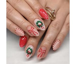 24PCS Milky Pink Press On Nails - Almond Shape Cute Floral & Bow Festive Holly Green Vanilla Nude - Playful Polka Dot Design for Women Daily Wear Party Special Occasions
