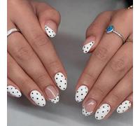 24PCS Milky White Press On Nails - Almond Classic Black Dot Accent Minimal Chic Nail Design - French Polka Dot Nail Style for Women Manicure Home Daily Wear Party