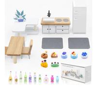 24PCS Miniature Dollhouse Kitchen Furniture Set, Wooden Mini Furniture Dollhouse Accessories with Mini Food Refrigerator, Pretend Play Furniture Toys for Kids Age 3+ Birthday