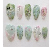 24PCS Mint Green Press On Nails - Powdery Blossom Pink Soft Cottagecore Nail - Romantic Nature-Inspired Forest-Inspired Aesthetic Style for Women Daily Wear (Mint Green)