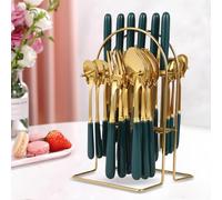 24pcs Mixed Cutlery Set Stainless Steel Ceramic Handle Tableware Dinnerware Set with Storage Stand-Knives/Spoons/Forks/Teaspoons for Family, Restaurants, Restaurants, Parties (Pure Green+Gold)