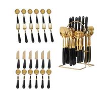 24pcs Mixed Cutlery Set Stainless Steel Ceramic Handle Tableware Dinnerware Set with Storage Stand-Knives/Spoons/Forks/Teaspoons for Family, Restaurants, Restaurants, Parties (Pure Black+Gold)