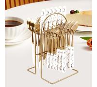 24pcs Mixed Cutlery Set Stainless Steel Ceramic Handle Tableware Dinnerware Set with Storage Stand-Knives/Spoons/Forks/Teaspoons for Family, Restaurants, Restaurants, Parties (White+Gold)